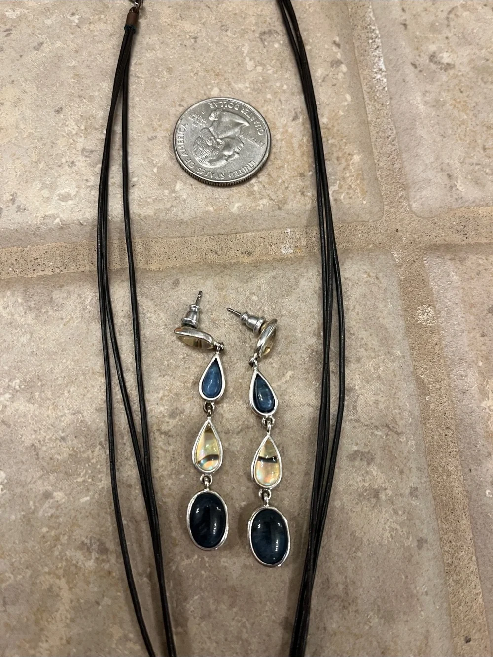 Silver Black and Blue Triple Drop Pendant Necklace and Earrings